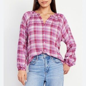 Plaid Loose Split-Neck Button-Down Top